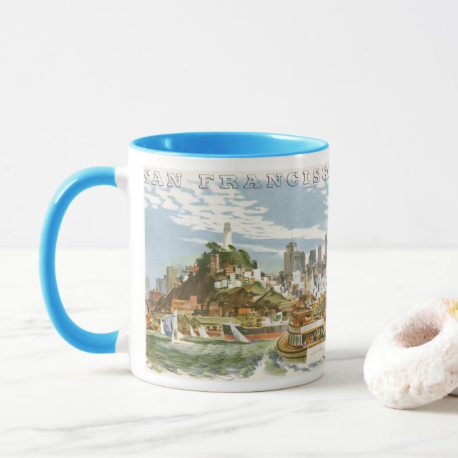 Vintage San Francisco Bay Travel Poster Ferryboat Mug (With Donut)