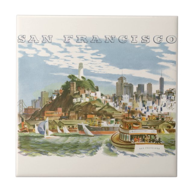 Vintage San Francisco Bay Travel Poster Ferryboat Tile (Front)