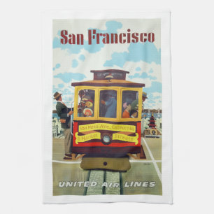 Vintage San Francisco cable car airline poster, Tea Towel