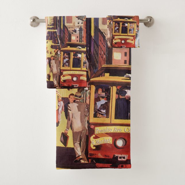 Vintage San Francisco Cable Cars Travel Poster Art Bath Towel Set (Insitu)