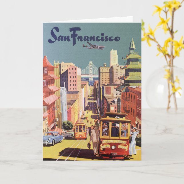 Vintage San Francisco Cable Cars Travel Poster Art Card (Yellow Flower)