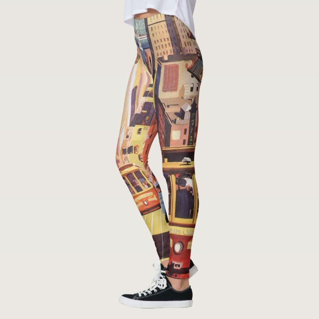 Vintage San Francisco Cable Cars Travel Poster Art Leggings (Left)
