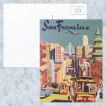 Vintage San Francisco Cable Cars Travel Poster Art Postcard<br><div class="desc">Vintage illustration United States of America travel poster featuring San Francisco,  California with a view of the Bay Bridge and cable cars looking down California Street in China Town.</div>