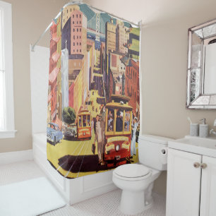 Vintage San Francisco Cable Cars Travel Poster Art Shower Curtain