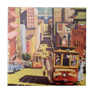 Vintage San Francisco Cable Cars Travel Poster Art Tile