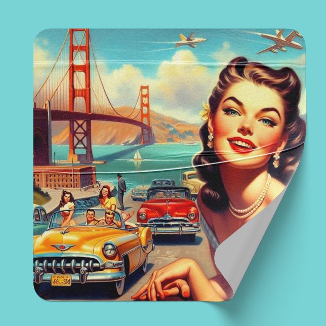 Vintage San Francisco Girl Illustration Square Sticker (Creator Uploaded)