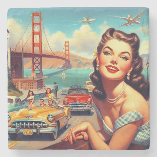 Vintage San Francisco Girl Illustration Stone Coaster (Front)