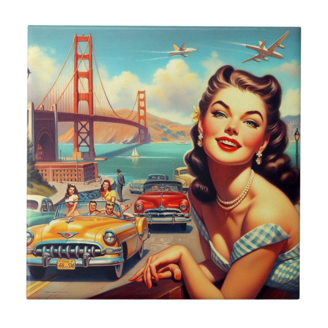 Vintage San Francisco Girl Illustration Tile (Front)