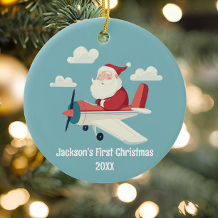 Vintage Santa Aeroplane Clouds Boy First Christmas Ceramic Tree Decoration