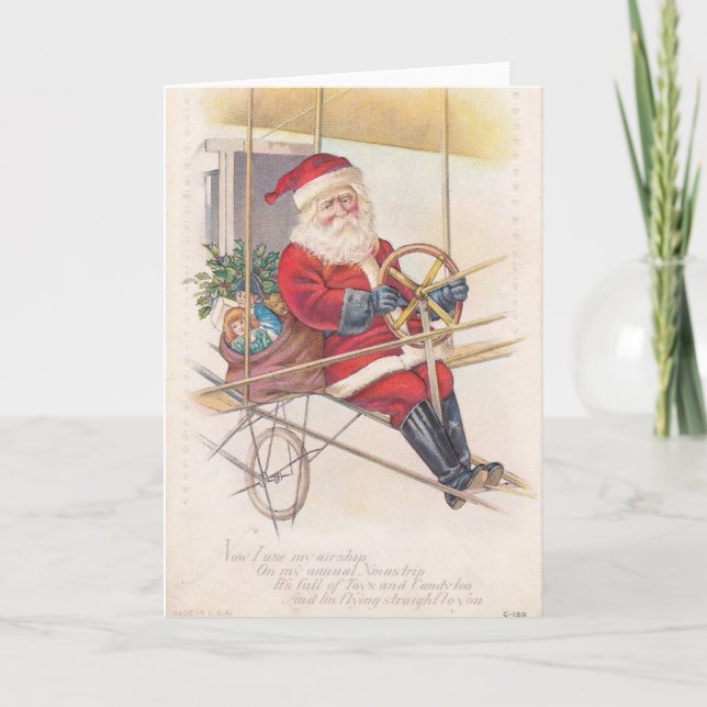Vintage Santa Airship Fantasy Holiday Card (Front)