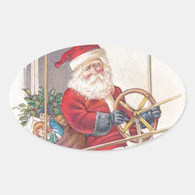 Vintage Santa Airship Fantasy Oval Sticker (Front)