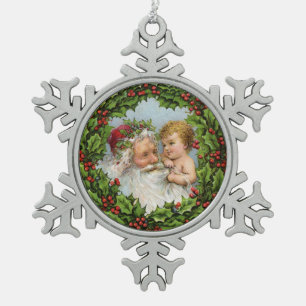 Vintage Santa and Baby Christmas Snowflake Pewter Christmas Ornament