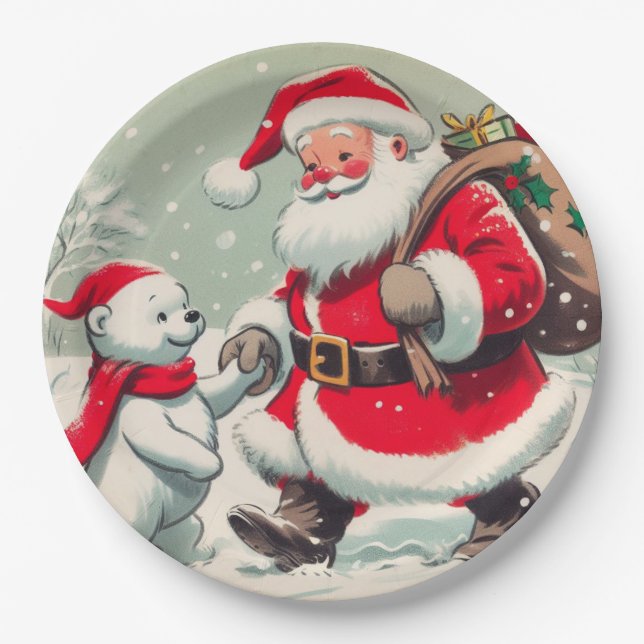 Vintage Santa and Bear Christmas Paper Plates (Front)