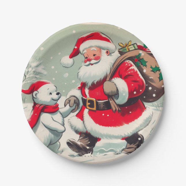 Vintage Santa and Bear Christmas Paper Plates (Front)