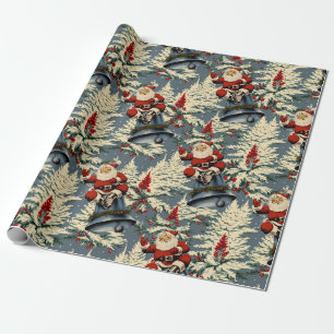 Vintage Santa and Bell  Dark Blue Wrapping Paper