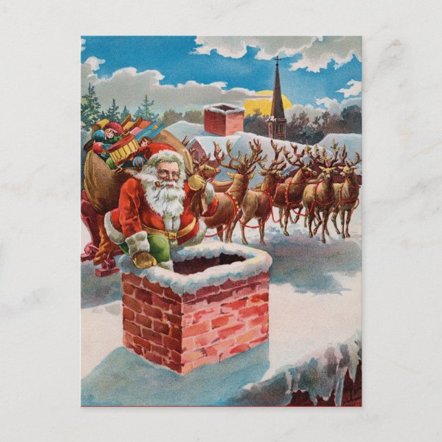 Vintage Santa and Chimney Holiday Postcard (Front)