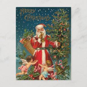 Vintage Santa and Christmas Tree Holiday Postcard