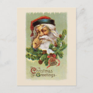 Vintage Santa and Evergreens Postcard