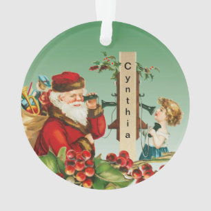 Vintage Santa and Girl on Telephone with Name  Ornament