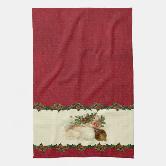 Vintage Santa and Holly Kitchen Towel (Vertical)