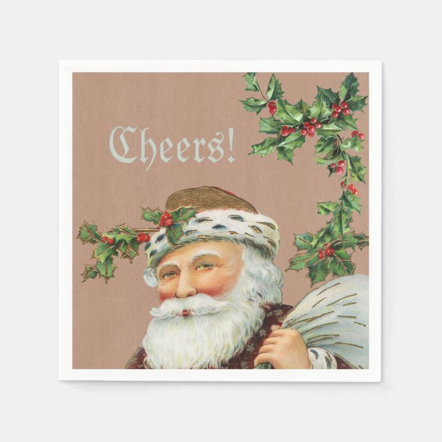 Vintage Santa and Holly on Kraft Paper Napkin (Front)