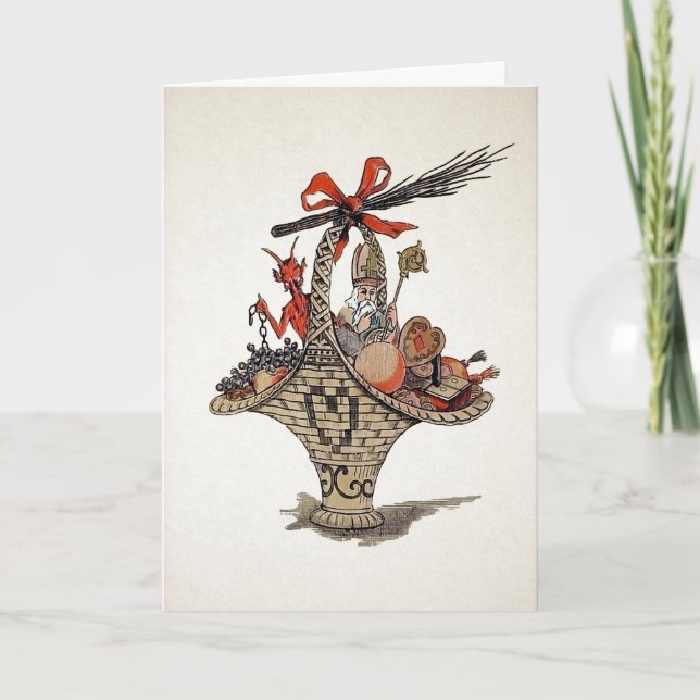 Vintage Santa and Krampus Basket Christmas Card (Front)
