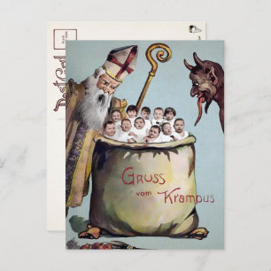 Vintage Santa and Krampus with Kids Postcard