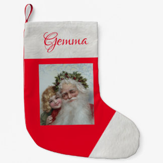 Vintage Santa and Little Girl Small Christmas Stocking