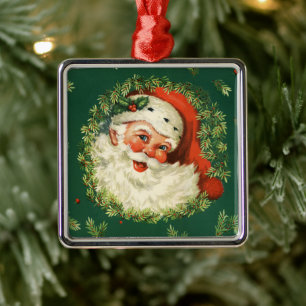 Vintage Santa and Pine Wreath Metal Tree Decoration