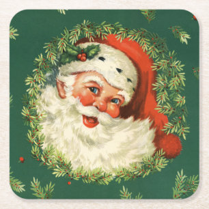 Vintage Santa and Pine Wreath Square Paper Coaster