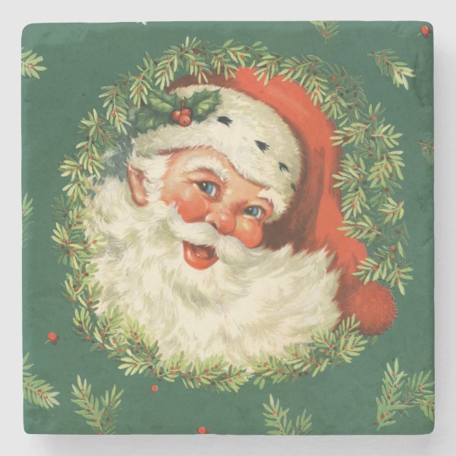 Vintage Santa and Pine Wreath Stone Coaster (Front)