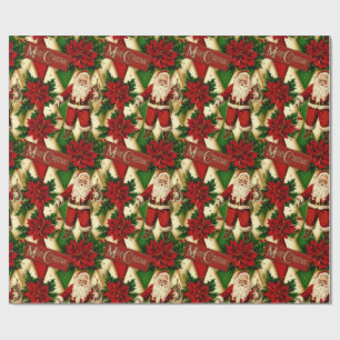 Vintage Santa and Poinsettias Collage Wrapping Paper