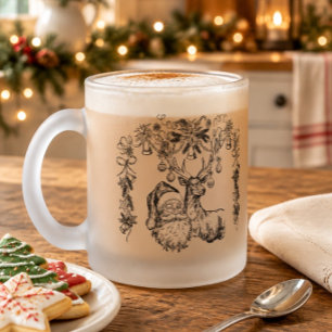Vintage Santa and Reindeer Christmas Frosted Glass Coffee Mug