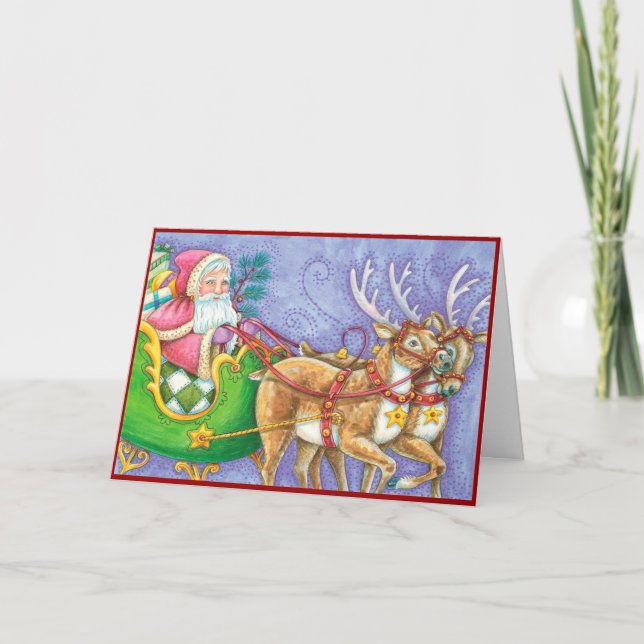 Vintage Santa and Reindeer Christmas Holiday Card (Front)