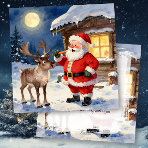 Vintage Santa and Reindeer Christmas Personalized Holiday Card