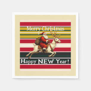Vintage Santa And Reindeer Folded Holiday Card Napkin