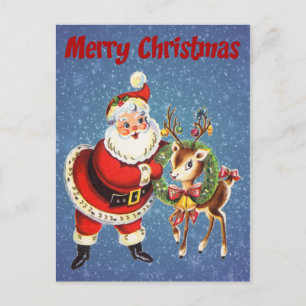 vintage santa and reindeer holiday postcard