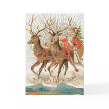 Vintage Santa and Reindeer Merry Christmas card 