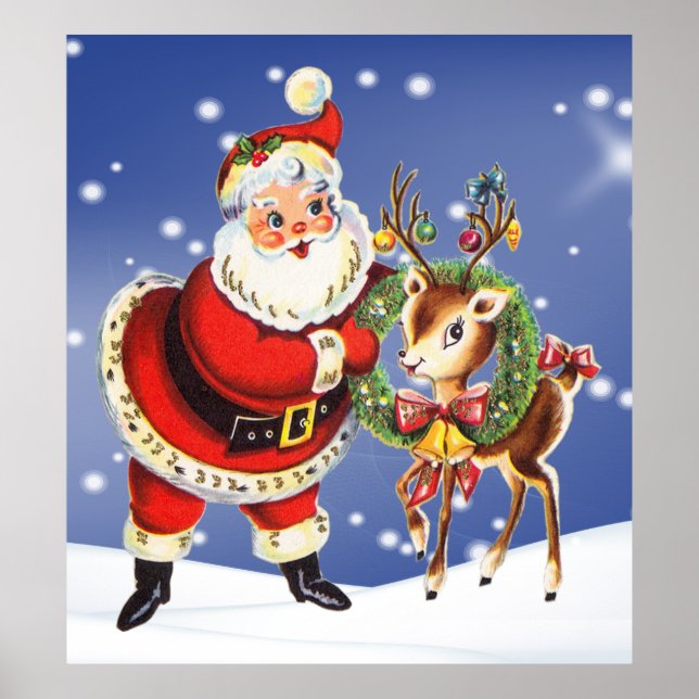vintage santa and reindeer poster (Front)