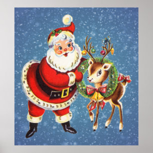 vintage santa and reindeer poster
