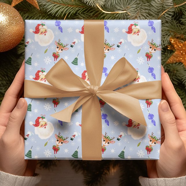Vintage Santa And Reindeer Snowflake Pattern  Wrapping Paper (Vintage charm meets Santa's sleigh, wrap your gifts in timeless style!)