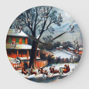 Vintage Santa and Reindeers Visit From Santa Large Clock