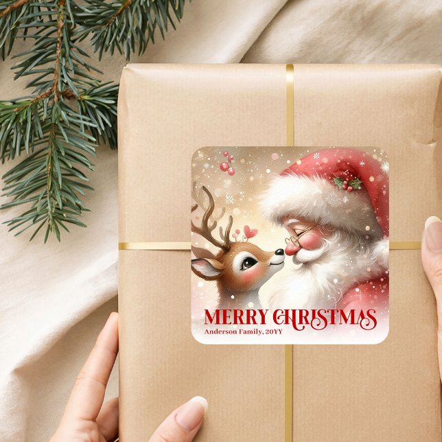 Vintage Santa and Rudolph Personalized Holiday  Square Sticker (Vintage Santa and Rudolph Personalized Holiday Sticker)