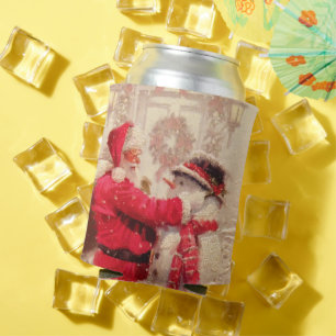 Vintage Santa and Snowman Christmas Can Cooler