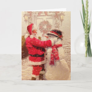Vintage Santa and Snowman Holiday Card
