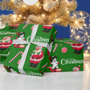 Vintage Santa and Snowman With Snow Wrapping Paper
