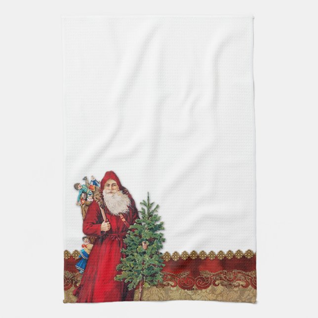 Vintage Santa and Tree Tea Towel (Vertical)