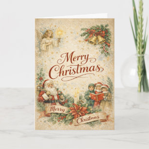 Vintage Santa Angel and Carolers Merry Christmas Holiday Card