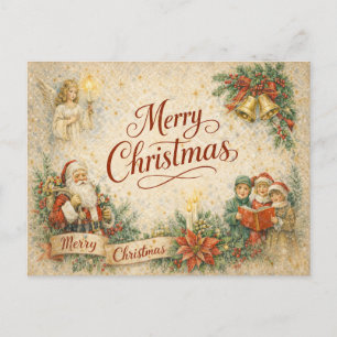 Vintage Santa Angel and Carolers Merry Christmas Holiday Postcard