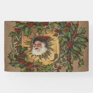 Vintage Santa Antique Holly Christmas Banner